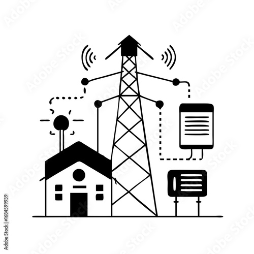 Cell tower and house connected to smart devices and power grid icon