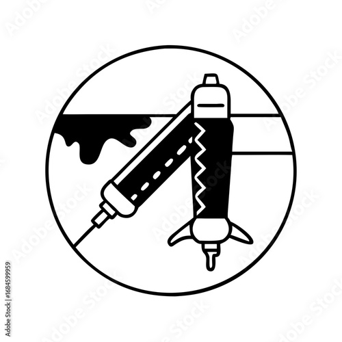 Circular icon featuring a caulking gun applying sealant to a surface icon