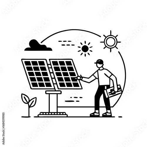 Man installing solar panels, clean energy concept, renewable energy, sustainable lifestyle icon