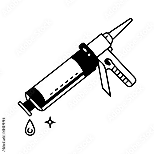 Black and white illustration of a caulking gun with a drop of caulk and a sparkle icon