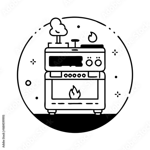 Modern kitchen stove with oven and cooking pot, home appliance icon
