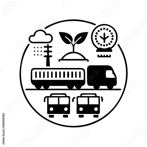 Sustainable transportation and environmental concept with buses, truck, plant, and weather icons icon