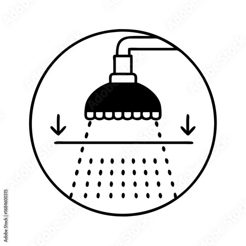 Shower head icon with water falling and arrows indicating downward flow icon