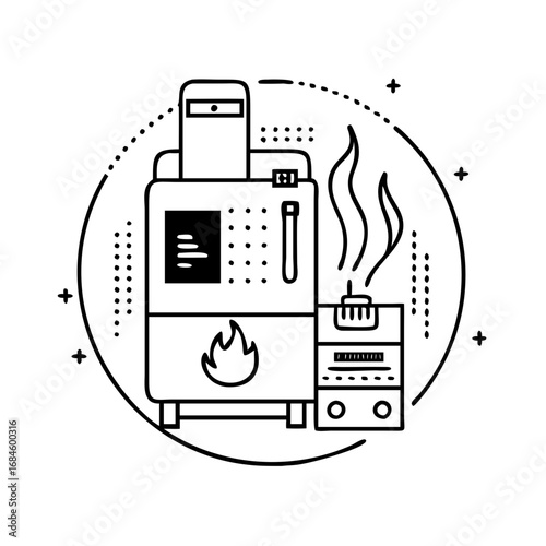 Boiler and heating system icon with flame and smoke icon