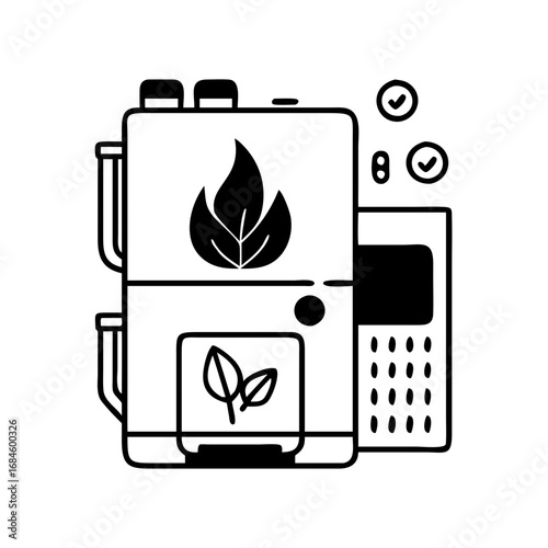 Ecofriendly boiler icon with leaf symbol and checkmarks icon