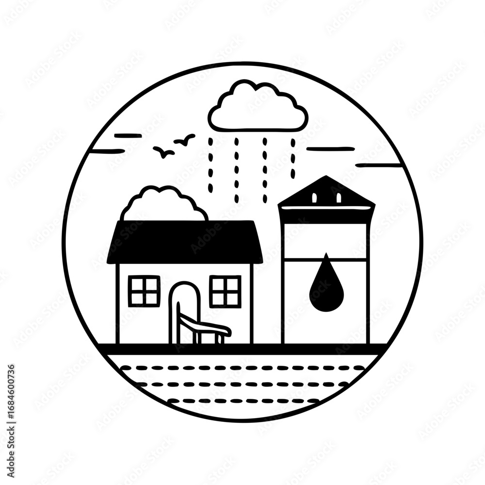 Obraz premium Minimalist black and white drawing of a house and water tank with rain falling from clouds icon