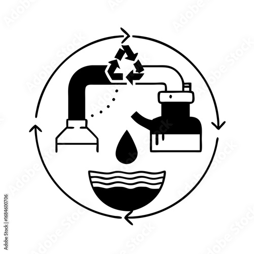 Water purification process diagram with recycling symbol and droplet icon