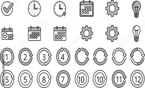 A versatile set of vector line icons for business workflow, project management, and planning concepts, featuring clocks, calendars, and numbered process cycle diagrams