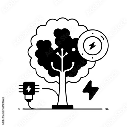 Tree connected to a power source with lightning bolts icon