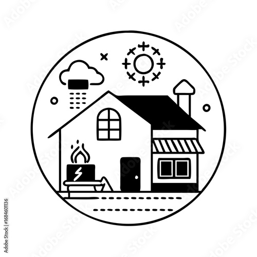Circular icon showing a house with a chimney, sun, rain cloud, and a fire pit icon