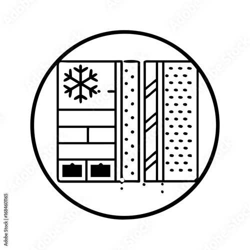 Cross section of insulated wall with snowflake symbol indicating cold protection icon