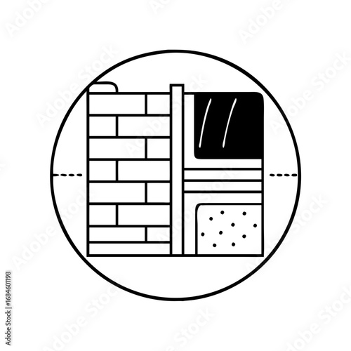 Building wall cross section showing insulation layers and brickwork icon