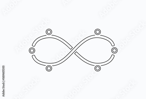 Minimalist infinity loop icon with connected nodes, representing an endless cycle, eternity, and interconnected systems on a white background