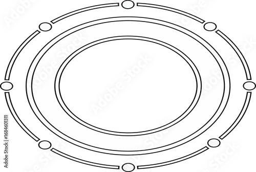 Monochrome vector graphic of an abstract orbital system with connection points, symbolizing technology and science
