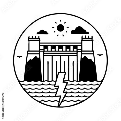 Circular graphic of a hydroelectric dam with a lightning bolt symbolizing power generation icon