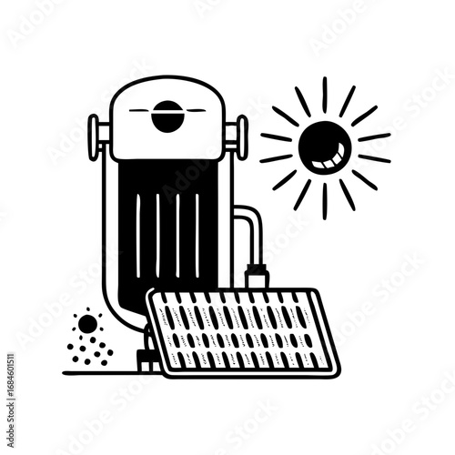 Solar powered water heater with sun icon and water droplets icon