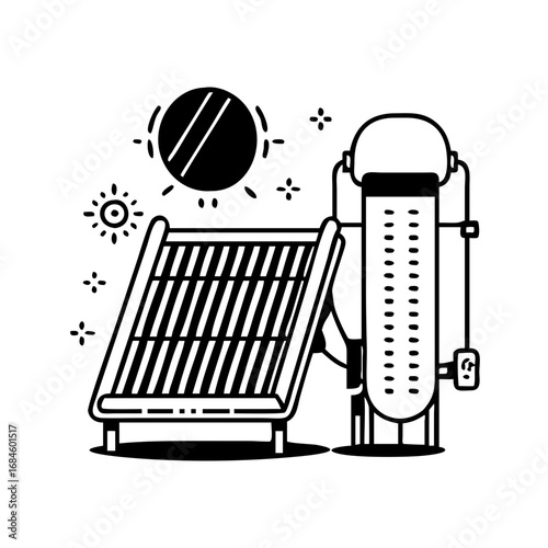 Solar panel and water heater with sun and clouds icon