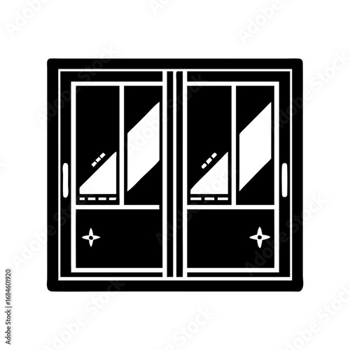 Black and white icon of a modern sliding window with four panes and decorative elements icon