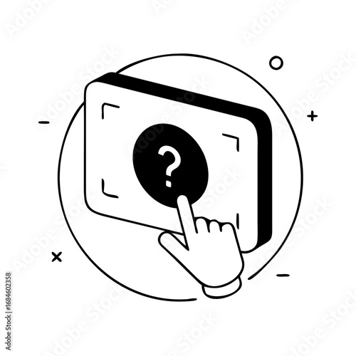 Hand interacting with a digital screen displaying a question mark icon