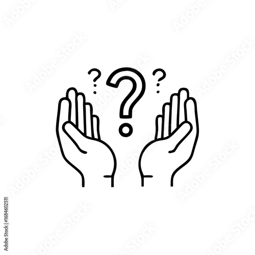 Two hands with question marks above icon