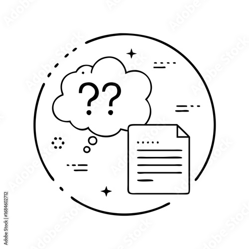 Question mark in a thought bubble above a document icon