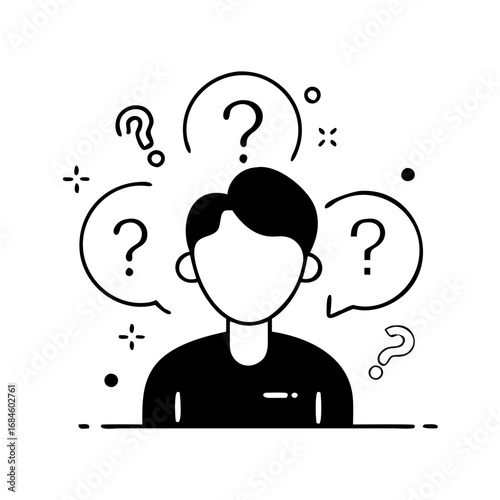 Stylized person surrounded by question marks, representing a state of questioning icon