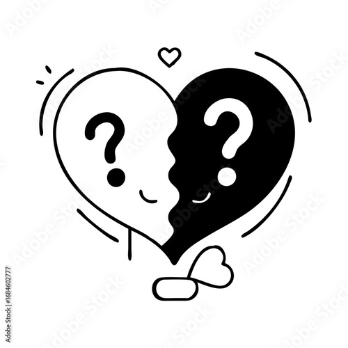 Two halves of heart with question marks icon