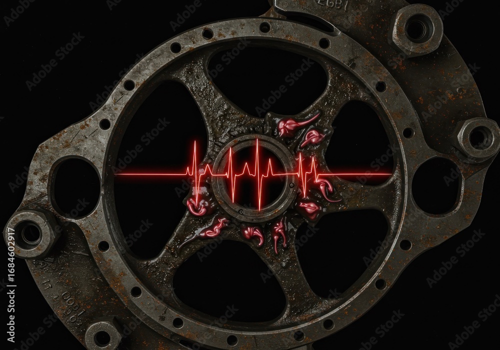 Obraz premium A rusted engine component with a superimposed heartbeat graphic, showcasing a dark metallic hue and intricate details.