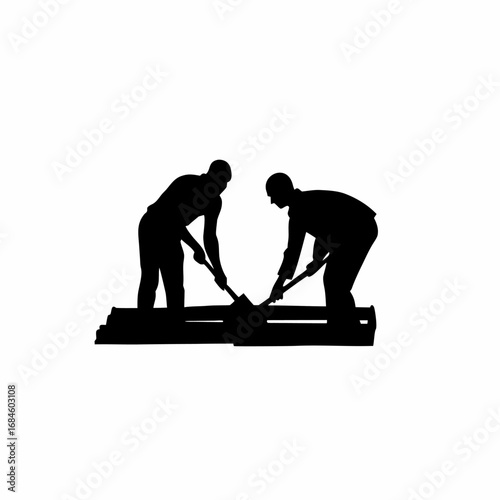 Team of construction workers pouring concrete slab silhouette