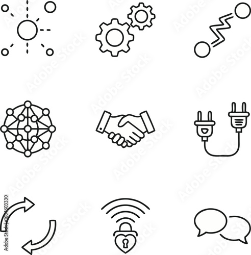 Modern business icons representing innovation, connection, security, and communication for tech concepts