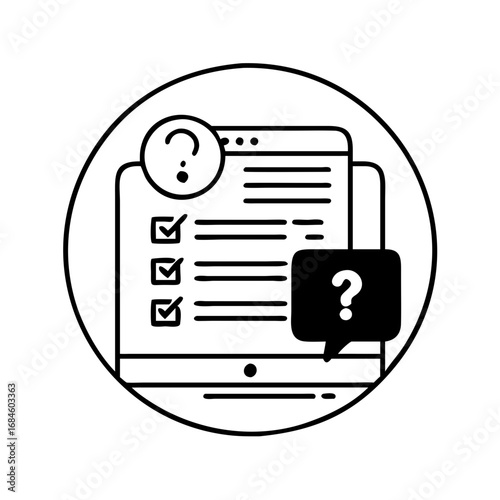 Question mark icon on a computer screen with a checklist and speech bubble icon