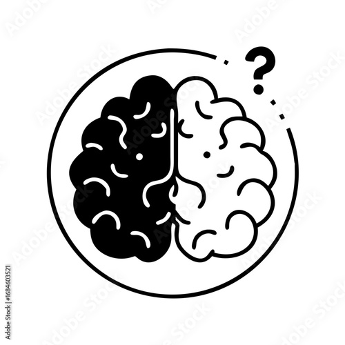 Half black and half white brain icon with question mark icon