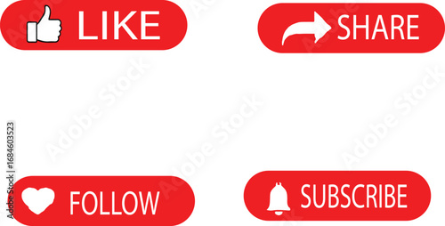 Like Share Follow Subscribe Red Buttons Set | Social Media Icons for Marketing and Engagement
