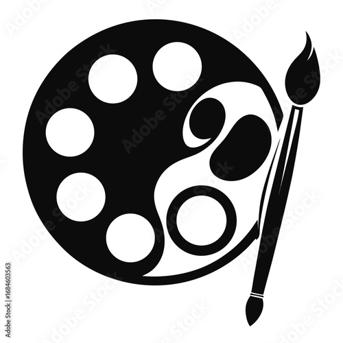 A black and white illustration of a painters palette with a brush, showcasing artistic tools and creative design elements
