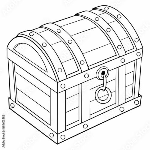 Illustration of a wooden treasure chest, featuring a classic design with metal bands and a ring handle, perfect for coloring books