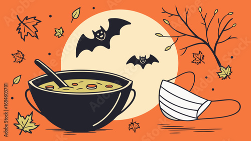A spooky halloween scene featuring a bowl of soup, bats flying in front of the moon, a tree, leaves, and a mask, all in a cartoon style drawing