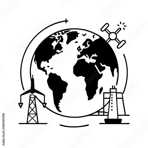 Global energy infrastructure with wind turbine, power plant, and satellite icon