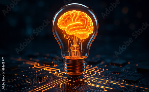 Glowing brain inside a light bulb on a circuit board. Artificial intelligence concept with a luminous brain and technology. A futuristic light bulb containing a human brain.