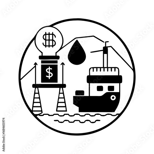Oil tanker and offshore platform with financial growth and dollar symbols icon