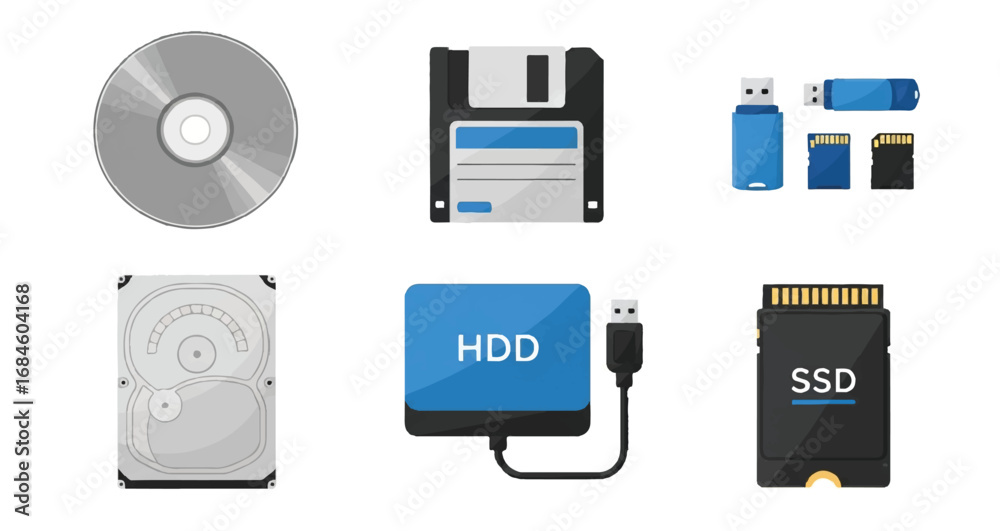Fototapeta premium Data Storage Devices: SSD, HDD, Flash Drive, and Disk Icons | Digital Memory Solutions for Computer Hardware and Technology Marketing
