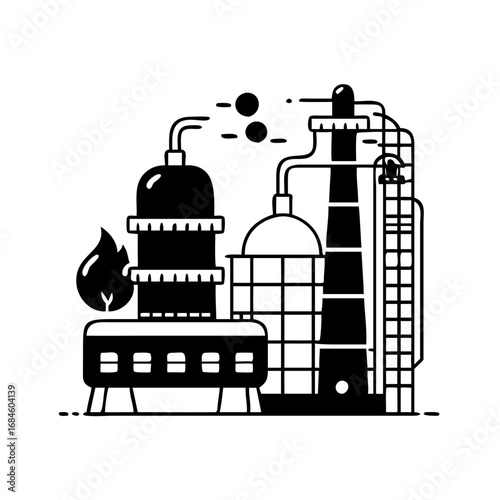 Industrial oil refinery with distillation towers and a flare stack icon