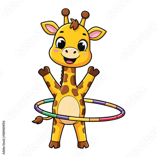 Cute cartoon baby giraffe character playing with a colorful hula hoop, standing happily on a white background.
