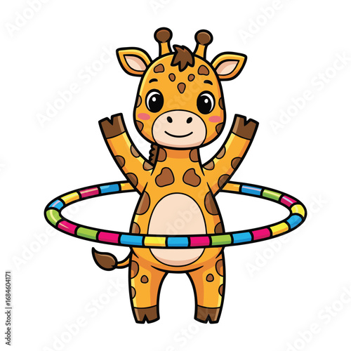 Cute cartoon baby giraffe playing with a colorful hula hoop on a white background, perfect for children's themes.