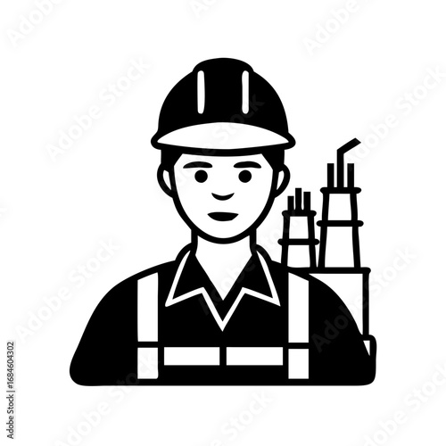 Construction worker with safety harness and industrial chimneys icon