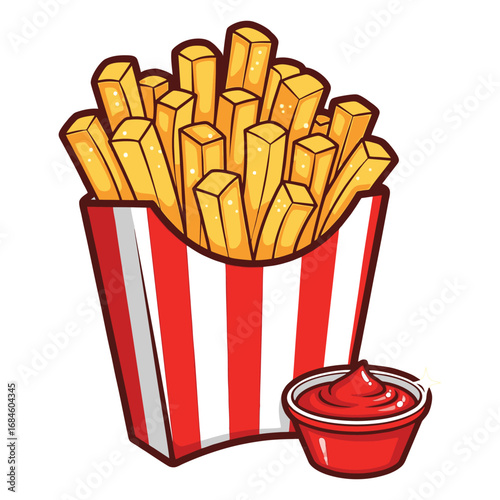 Cartoon illustration of a serving of golden french fries in a red and white striped container, with a small bowl of red ketchup next to it.