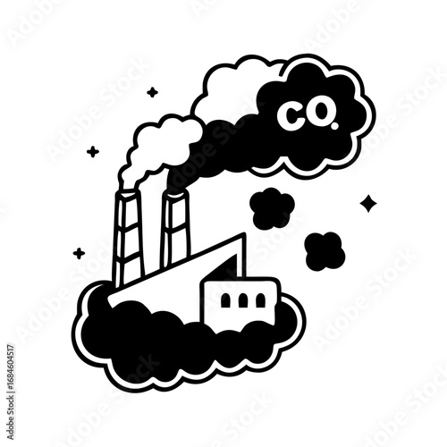 Factory emitting co2 pollution into the atmosphere, industrial pollution and environmental impact concept icon