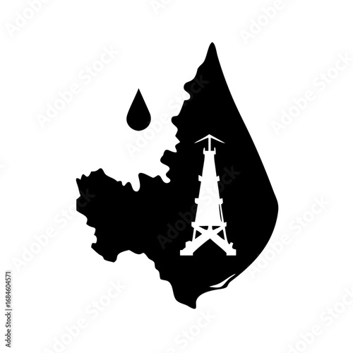 Oil rig silhouette within a map outline and a drop of oil icon