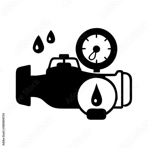 Black icon of an engine with a fuel gauge and dripping liquid icon
