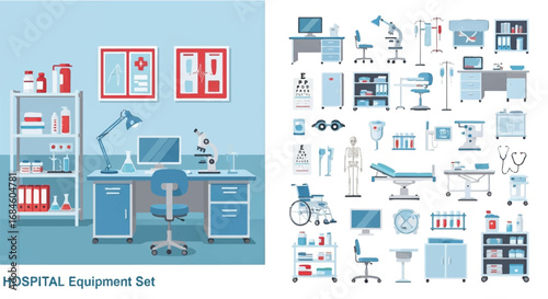 Hospital Equipment Set - Medical Supplies and Furniture for Healthcare Facilities, Clinics, and Doctor's Offices | Illustration for Health Services and Emergency Care
