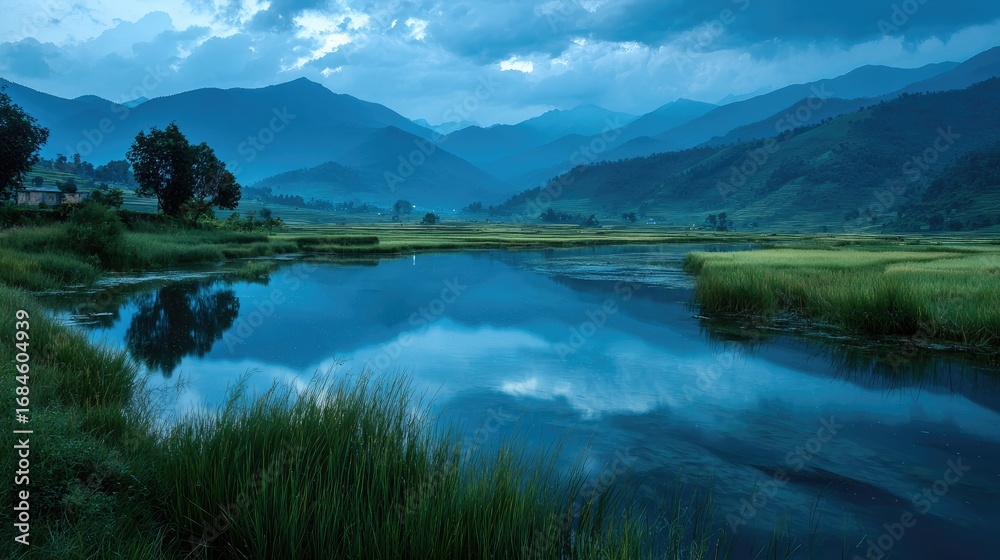 Fototapeta premium Serene lake reflects moody mountains